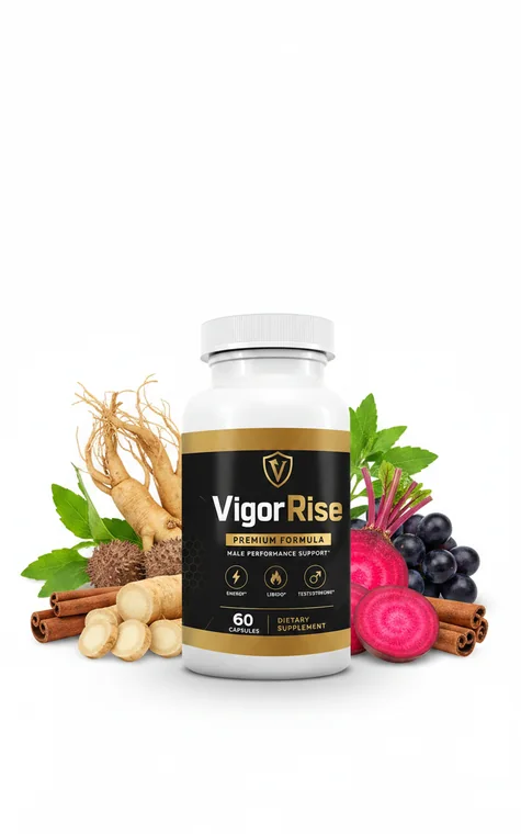 VigorRise Male Enhancement supplement bottle with natural ingredients including ginseng, beetroot, and cinnamon